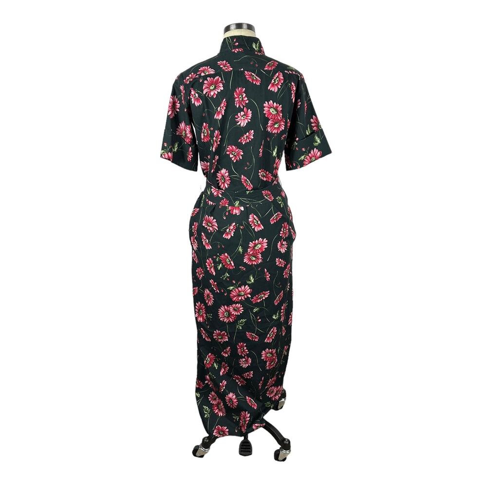 ADAM LIPPES Black Pink Floral Button Down Belted Shirt Dress Midi‎ Long Cotton - Picture 3 of 7